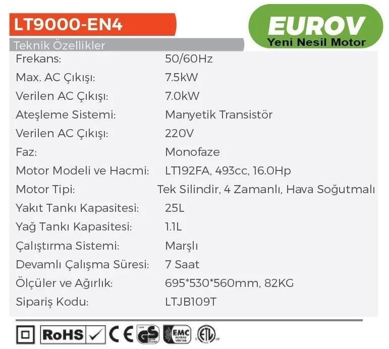 Lutian LT9000 Benzinli Jeneratör 7,5 Kw Marşlı